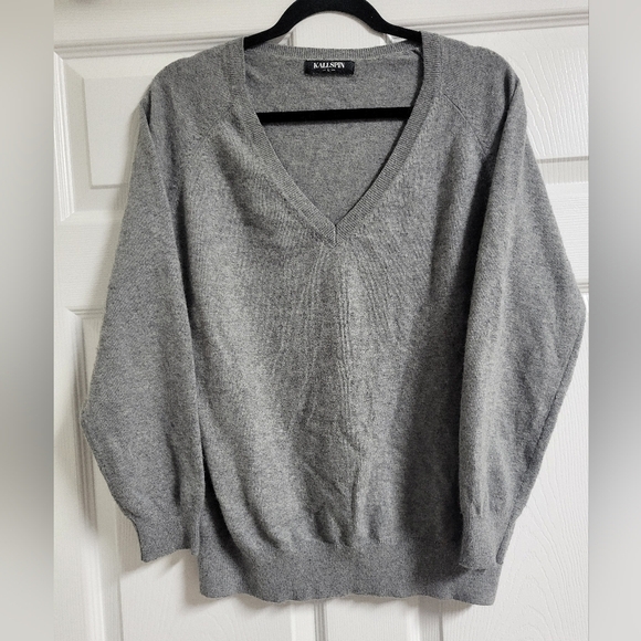 Kallspin - EUC - Womens Grey Cashmere Wool Blend V Neck Pullover Sweater- Size L - Picture 1 of 4